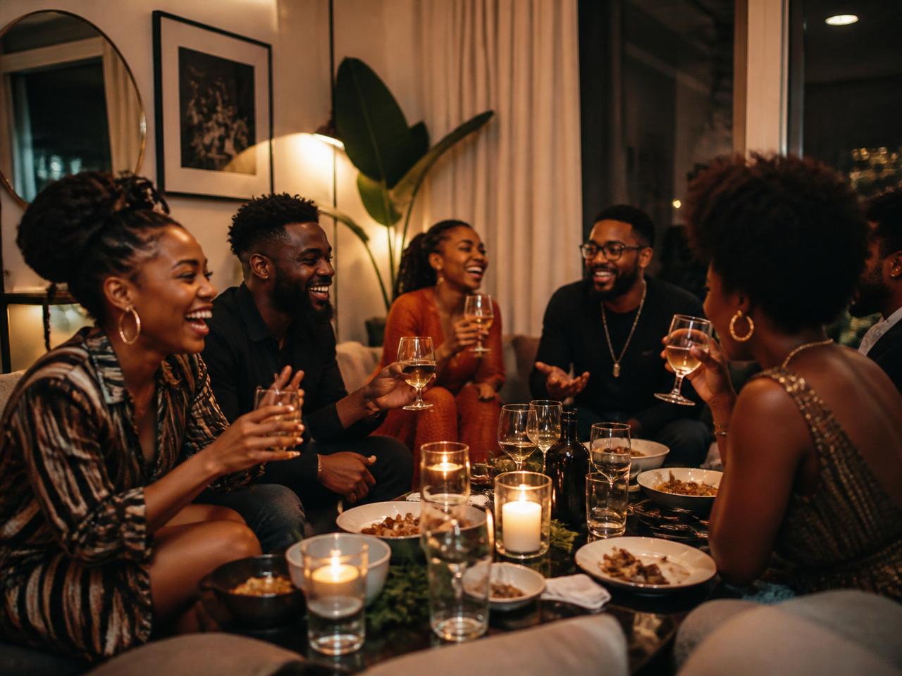 Friends gathered at a warm dinner party, laughing together