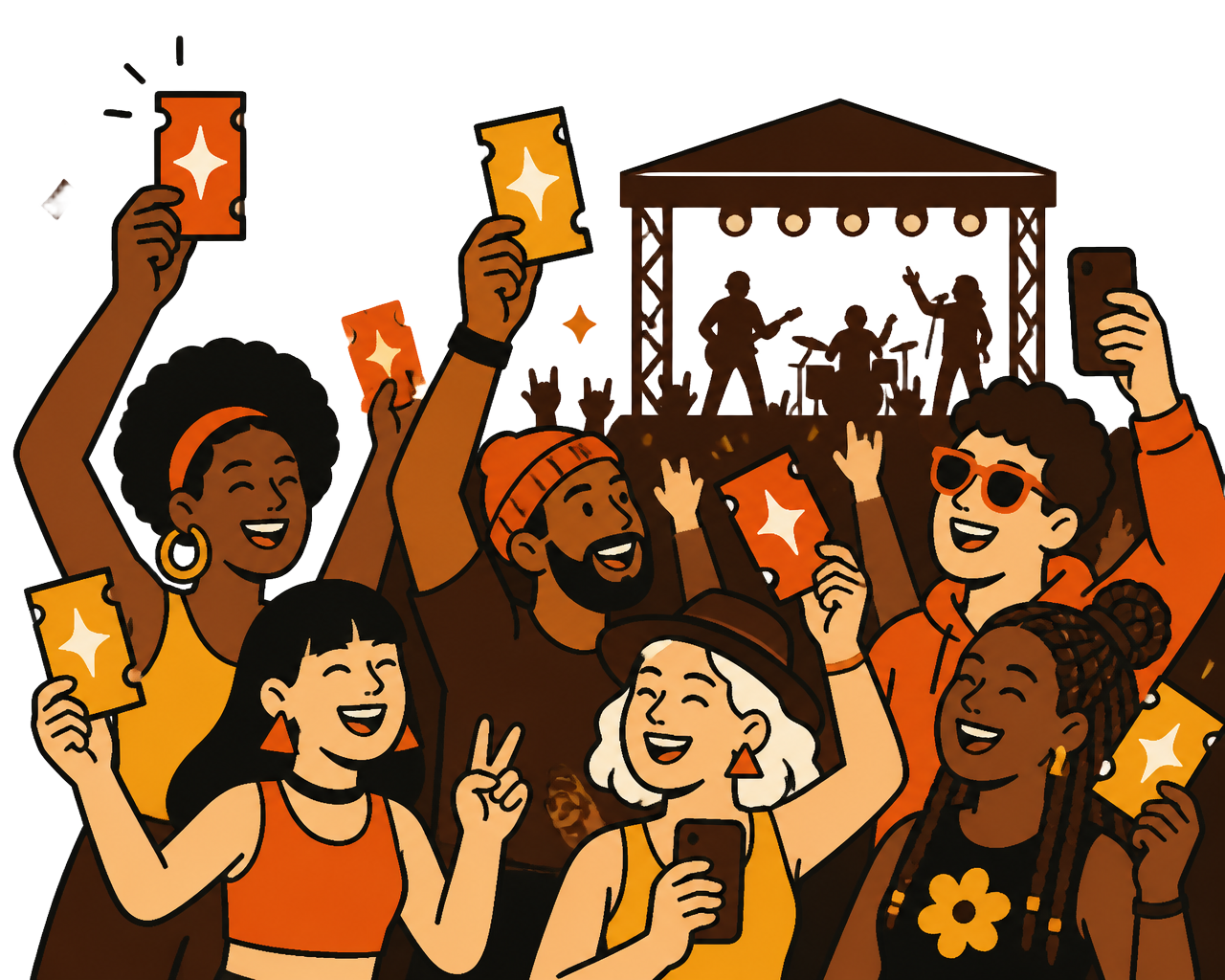 A crowd celebrating at a live event, holding up their tickets